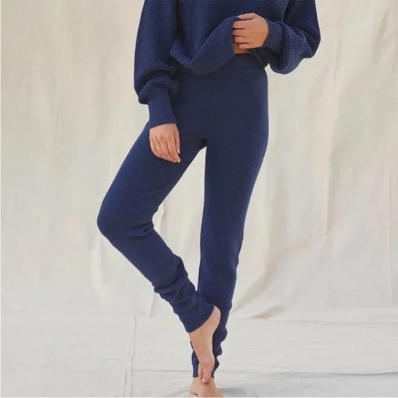 Lunya Waffle Knit Slim Pants Navy Blue Cozy Cotton Silk Thermal Back Pocket Sz L - Picture 1 of 9